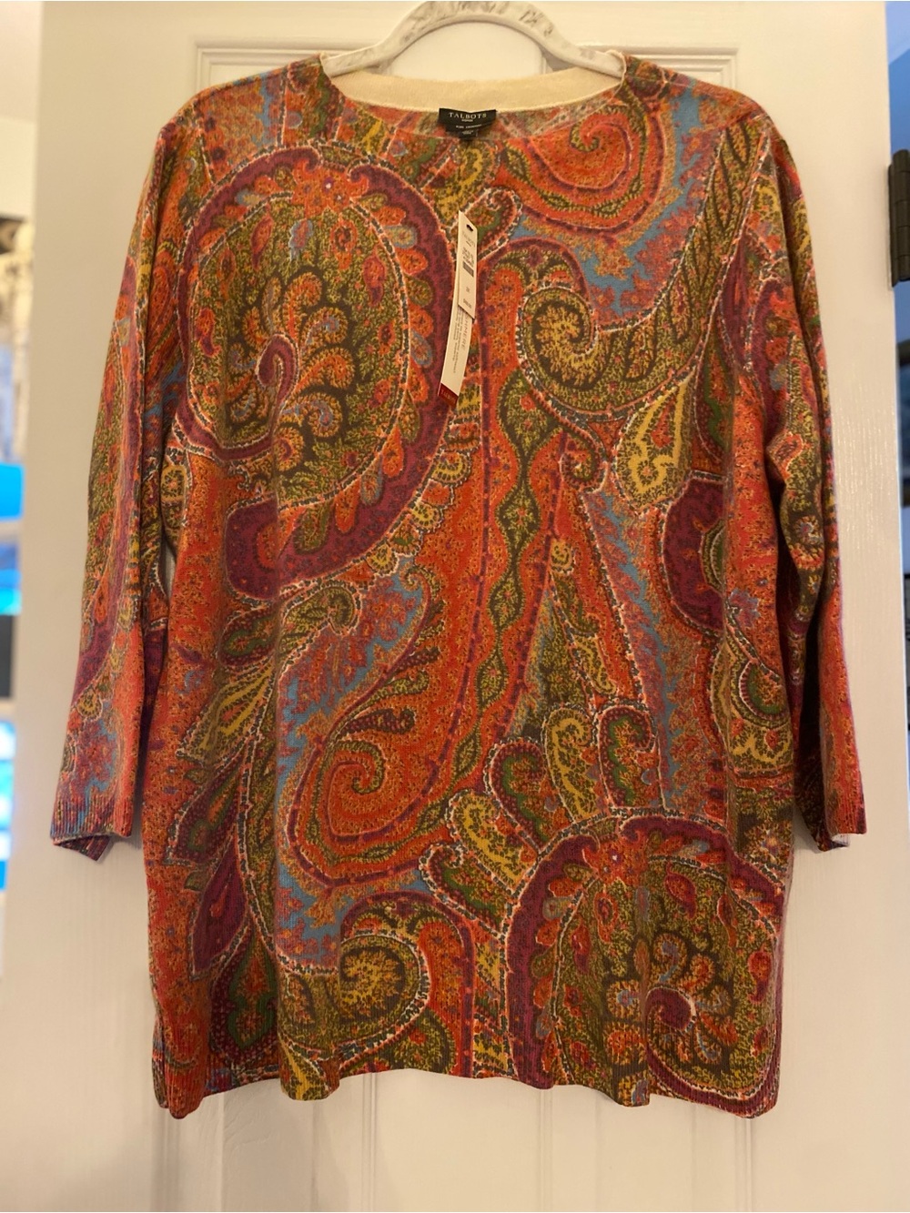 Talbots NWT 2X Pure Cashmere Colorful Paisley Crewneck Sweater 3/4 Sleeve Boho